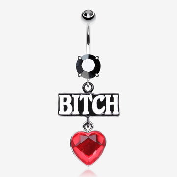 Bitch Heart Sparkle Dangle Belly Button Ring-Hematite/Red